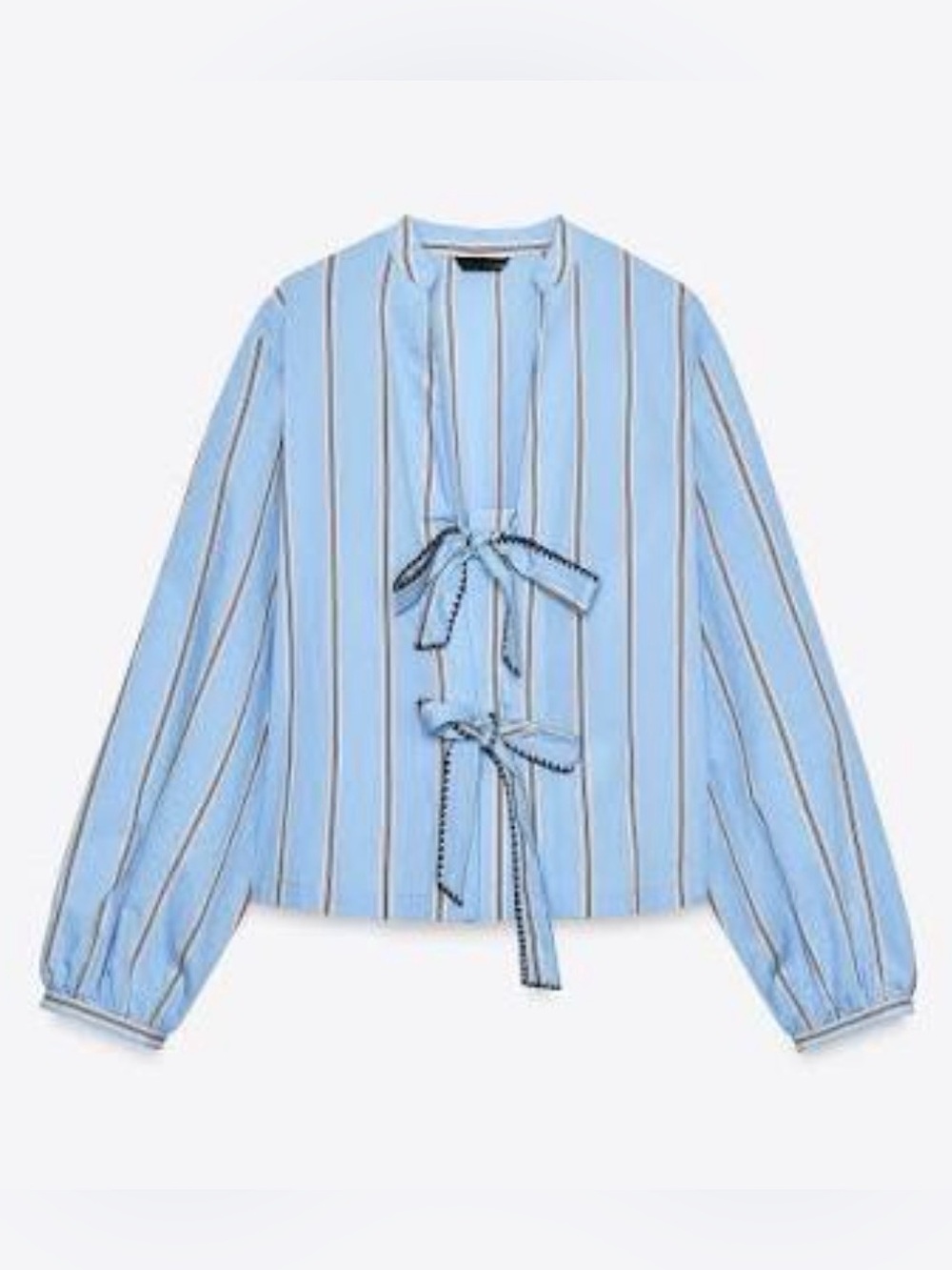 Zara Light Blue Striped Tie Blouse